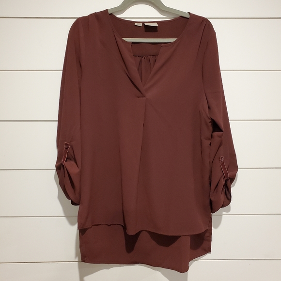 Vero moda lg long flowy tunic 3/4 sleeve oversized blouse burgundy - Picture 1 of 15
